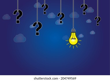 question mark & bright yellow light bulb with idea text hanging. dark blue night sky with white clouds background with glowing lightbulb solution and question marks hanging along side - abstract art