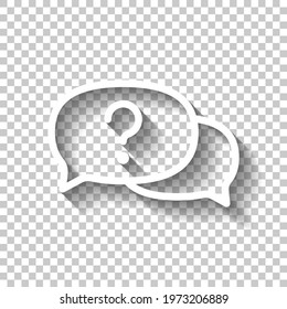Question mark in bubble, simple icon of faq or chat. White linear icon with editable stroke and shadow on transparent background