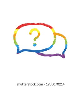 Question mark in bubble, simple icon of faq or chat. Drawing sign with LGBT style, seven colors of rainbow (red, orange, yellow, green, blue, indigo, violet