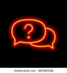 Question mark in bubble, simple icon of faq or chat. Orange neon style on black background. Light linear icon with editable stroke