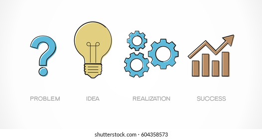 question mark, bulb, gears and chart. Doodle vector illustration. Way to success concept. The file is saved in the version 10 EPS. 