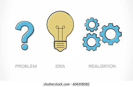 signo de interrogación, bombilla, engranajes. Ilustración del vector Doodle. El concepto del camino al éxito. El archivo se guarda en la versión 10 EPS.