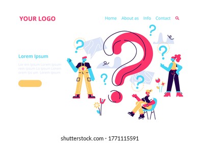 Question mark. Business people asking questions around a huge question mark. Vector illustration.for web banner, infographics, mobile website. Landing page template.