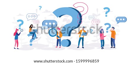 Question mark. Business people asking questions around a huge question mark. Vector illustration.for web banner, infographics, mobile website. Landing page template. 