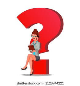 Question Mark Business Woman Vector. Thinking. Find Next Job, Project. HR. Sitting On Question Mark. Isolated Cartoon Illustration
