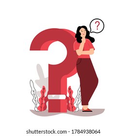 Question Mark. Business Women People Standing Asking Questions Around A Huge Question Mark. Vector Illustration.for Web Banner, Infographics, Mobile Website. Landing Page Template. 