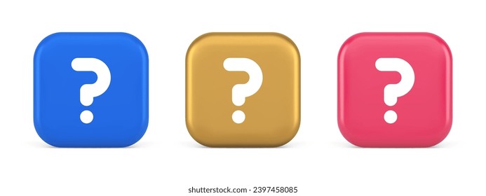 Question mark button advise attention answer FAQ point internet info support 3d realistic blue gold and pink icons. Solution help idea assistance information idea success emblem