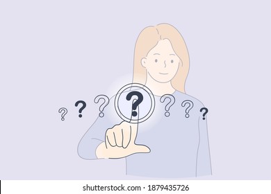 Question mark button concept. Young woman standing and choosing one of question marks touching with finger on screen vector illustration 