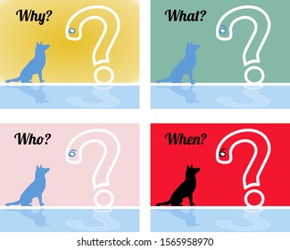 Question mark as a cartoon character asks little dog questions with expressing emotions. "Who?", "Why?", "What?" and "When?" questions. Pink, red, green and yellow  background.