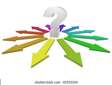 Un signo de interrogación en el centro de muchas flechas coloridas que representan diferentes respuestas, vector eps8