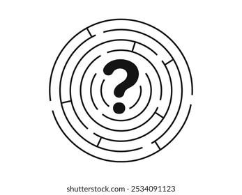 Question mark in the center of a round maze. Flat vector conceptual minimalistic illustration.	