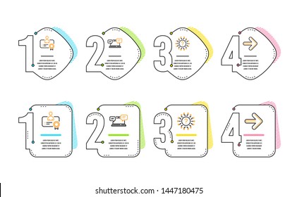 Question mark, Certificate and Internet chat icons simple set. Next sign. Quiz chat, Best employee, Online communication. Forward. Technology set. Infographic timeline. Line question mark icon