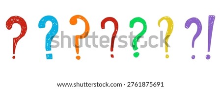 Question mark chalk hand drawn set, crayon texture doodle sketch. Question marks with speech bubbles, punctuation signs for collage
