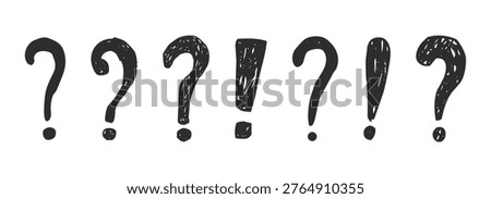 Question mark chalk hand drawn set, crayon texture doodle sketch. Question marks with speech bubbles, punctuation signs for collage