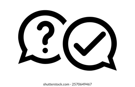 question mark and check mark outline icon, question answer speech bubble talking symbol, social media problem and solution sign