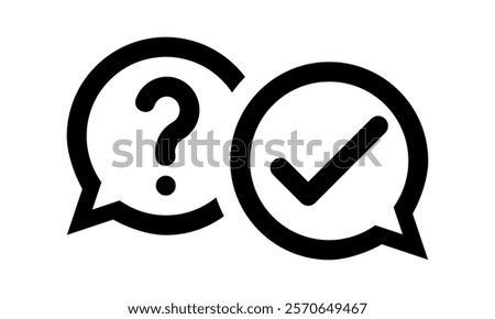 question mark and check mark outline icon, question answer speech bubble talking symbol, social media problem and solution sign