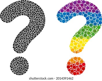 Question mark collage icon of round dots in variable sizes and spectrum color hues. A dotted LGBT-colored question mark for lesbians, gays, bisexuals, and transgenders.