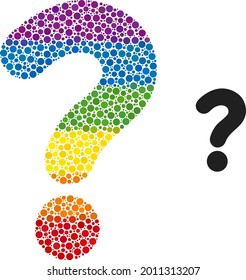 Question mark collage icon of spheric blots in variable sizes and rainbow colored shades. A dotted LGBT-colored question mark for lesbians, gays, bisexuals, and transgenders.