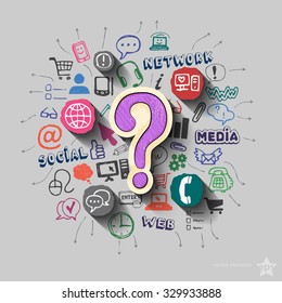 Question mark and collage with web icons background. Vector illustration