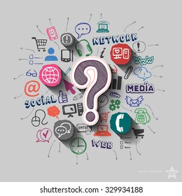 Question mark and collage with web icons background. Vector illustration
