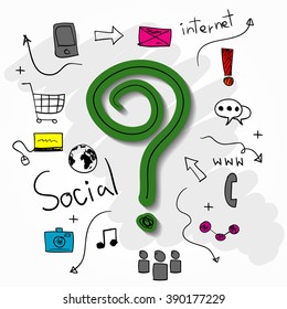 Question mark and collage with web icons background. Vector illustration