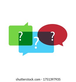Question mark with color speech bubbles. FAQ sign in white background.
