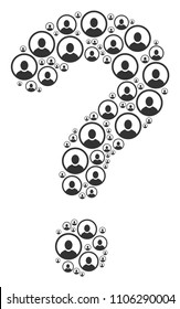 Question mark composition formed from rounded user portrait icons. Vector rounded user portrait icons are arranged into know how mosaic.