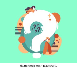 Question mark concept design. Contemporary design of white question mark on mint background. People near the sign