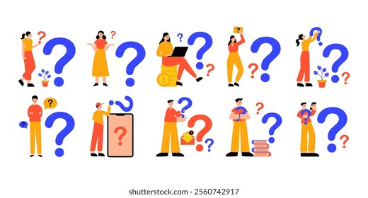 Question mark concept flat illustration set. Includes of punctuation mark, question and answer, and open-ended question. Vector illustration isolated transparent background