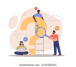 Concepto de signo de interrogación. Hombres y niñas estudian problemas, irrumpen y buscan la mejor solución. Reunión, departamento analítico. Caracteres que miran el problema. Dibujo vectorial plano de dibujos animados