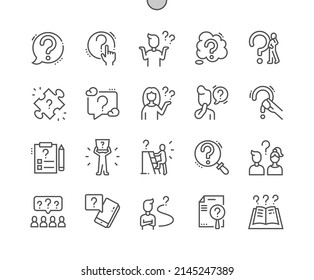 Question mark. Confused man. Asking woman. Faq. Pixel Perfect Vector Thin Line Icons. Simple Minimal Pictogram