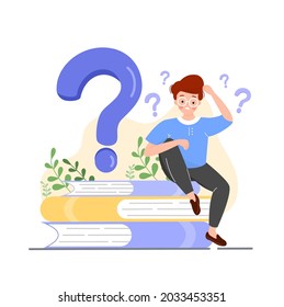 Question mark with confused man sitting on big pile of books. Misunderstanding male character need help, asking questions during learning. FAQ concept. Flat vector illustration.