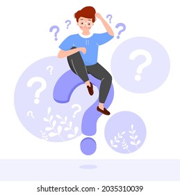 Question mark with confused man sitting on and thinking to solve problems. Misunderstanding male character need help, asking questions during learning. FAQ concept. Flat vector illustration.