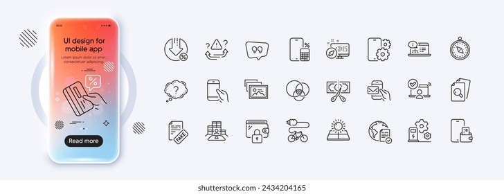 Question mark, Cut tax and Sun energy line icons for web app. Phone mockup gradient screen. Pack of Online voting, Web system, Fake news pictogram icons. Vector