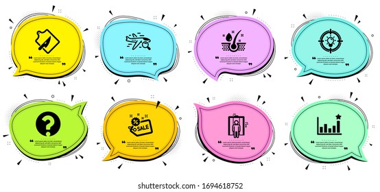 Question mark, Cutting board and Elevator signs. Chat bubbles with quotes. Serum oil, Search flight and Sale line icons set. Idea, Efficacy symbols. Healthy hairs, Find travel. Business set. Vector
