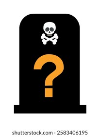 Question mark and death concept. Suspicious death concept. Skull death symbol and yellow question mark on black tombstone. Deaths of unknown or unexplained cause.