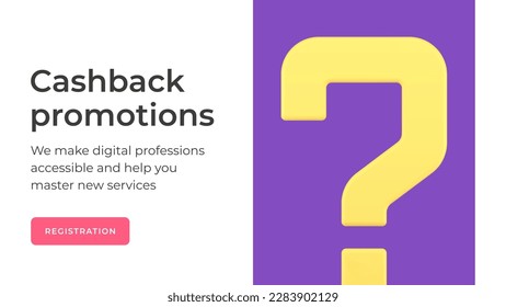 Marca de preguntas promoción digital publicidad negocios asesoramiento financiero servicio de asistencia social banner 3d icono ilustración vectorial. Solución de servicio de consultoría digital ayuda a la comunicación por Internet