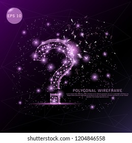 Question mark digitally drawn futuristic low poly wire frame shape point, composition and lines vector illustration on purple background.