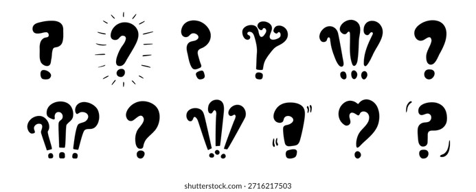 Question mark doodle hand drawn punctuation doubt sign flat element. Warning attention hesitation sign. Query FAQ concept, finding answer. Isolated. Vector illustration