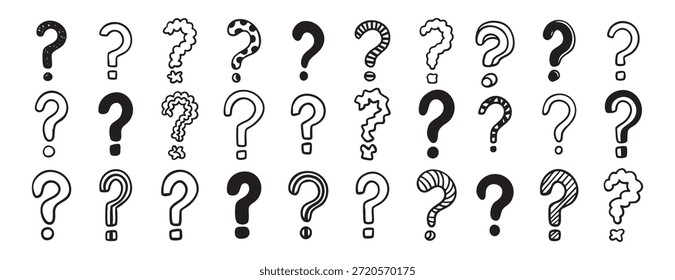 Signo de interrogación doodle conjunto de dibujos animados ayuda preguntar dibujado a mano. Ilustración vectorial