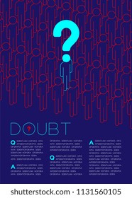 Question mark with doubt man icon pictogram in queue, Social issues: Rule concept magazine page layout design illustration isolated on dark  background, with copy space