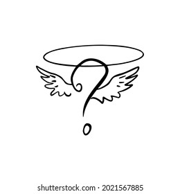 Question mark drawing, wings, halo vector illustration hand drawn .