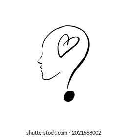 Question mark drawing, woman, head, heart, question vector illustration hand drawn .