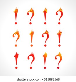 Question mark and eclamation point fire sign. Set of hot asking and answer icons. Help flamy symbol. Vector discussion or support logo concept. Isolated abstract graphic design template.