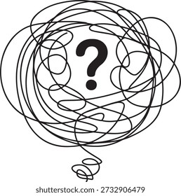 A question mark enclosed within chaotic, tangled scribble lines, representing confusion, uncertainty, or a complex problem. Abstract symbol for dilemma, mystery, or riddle.