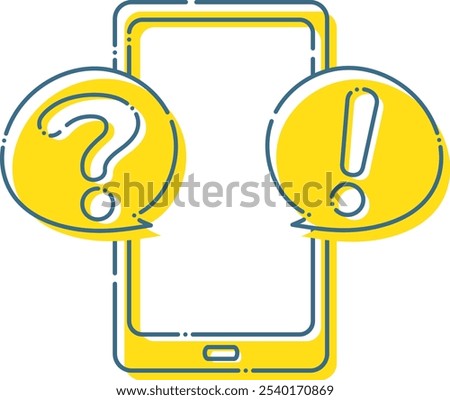 Question mark and exclamation mark from blue dashed smartphone