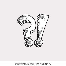 Signo de interrogación y signo de exclamación dibujado a mano sobre fondo blanco. Ilustración vectorial