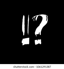 Question mark. Exclamation mark. Handwritten by dry brush. Rough strokes textured font. Vector illustration. Grunge style.
