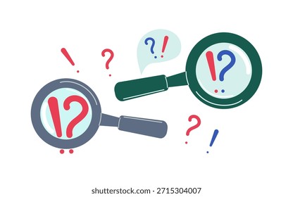 Signo de interrogación, signo de exclamación. Lupa. Conceptos de resolución de problemas en los negocios, encontrar una respuesta a una pregunta. Ilustración plana dibujada a mano. Fondo aislado.