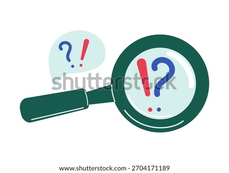 Question mark, exclamation mark. Magnifying glass. Concepts of problem solving in business, finding an answer to a question. Hand-drawn flat illustration. Isolated background.
